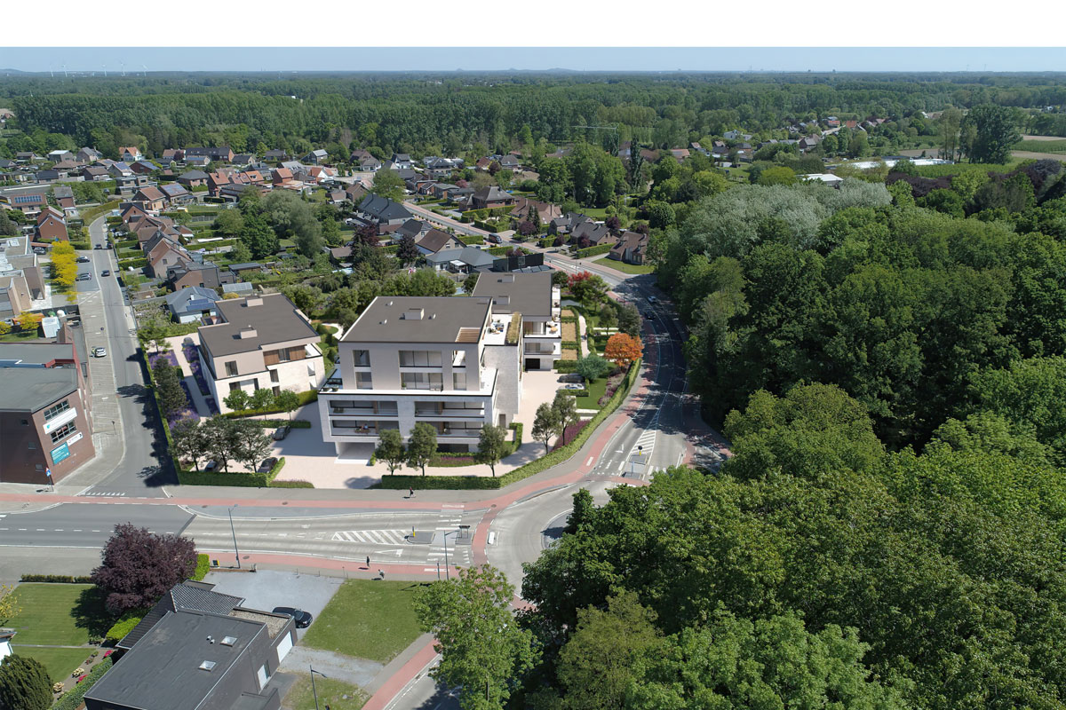 OPUSPark in Herk-De-Stad, luchtbeeld met zicht op de drie gebouwen